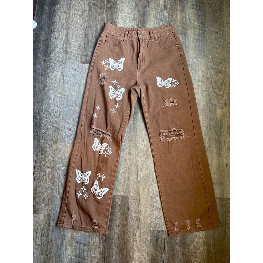 Boho High Rise Ripped Butterfly Jeans Womens Size 6 Brown Distressed Relaxed